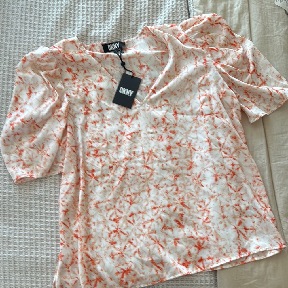 DKNY Pink and Gold Puff Sleeve Blouse
